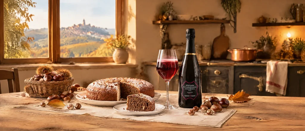 Torta morbida di castagne e nocciole con calice di Malvasia di Castelnuovo Don Bosco